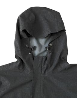 A men's waterproof performance jacket in dark grey, featuring a hood and adjustable ties. It has a logo on the chest.