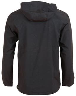 A dark grey men's waterproof performance jacket with a hood, featuring a logo on the back.
