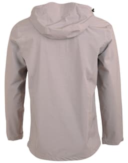 A men's waterproof performance jacket in a light grey colour, featuring a hood and a logo. Back view displayed.