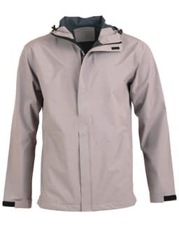 A men's waterproof performance jacket in light grey, featuring a hood and a logo on the chest.