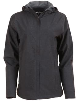 A ladies' waterproof performance jacket in dark grey, featuring a hood and a logo on the front.