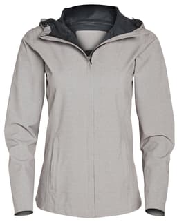 A ladies' waterproof performance jacket in light grey, featuring a hood and zip closure, with a logo on the sleeve.