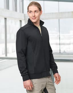 A men's black jacquard fleece jacket with a zip front and high collar, featuring side pockets and a logo.