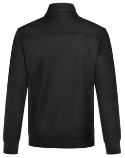 A black men's jacquard fleece jacket with a high collar and a smooth finish, featuring a logo on the back.