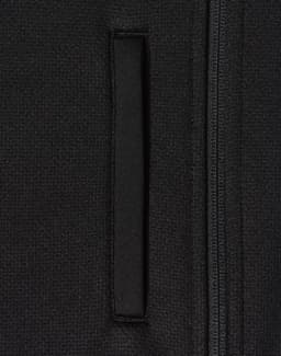 A black fleece jacket featuring a zippered pocket and a smooth texture. It has a simple design with a logo.