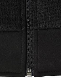 A black men's jacquard fleece jacket featuring a front zipper and ribbed cuffs. It has a logo on it.