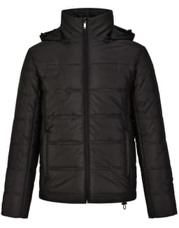 A unisex sustainable seamless parka jacket in black, featuring a zip front and hood, with a textured finish.