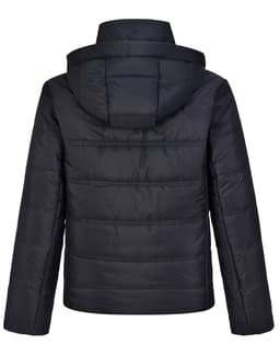A black unisex sustainable seamless parka jacket featuring a hood and padded design, with a subtle logo.
