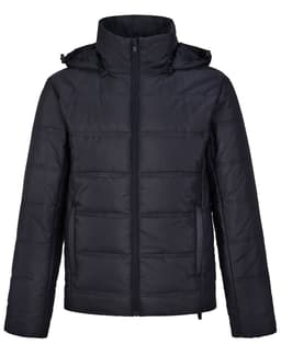 A unisex sustainable seamless parka jacket in black, featuring a zip front and a hood, with a subtle logo.