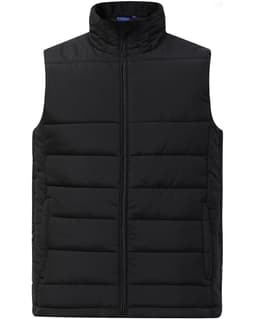A black insulated puffer vest featuring a high collar and a zip front, designed with a 3D cut. It includes a logo.