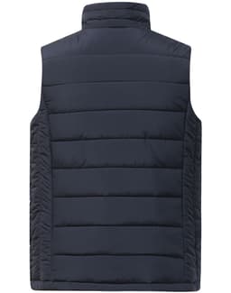 A navy blue men's sustainable insulated puffer vest with a 3D cut, featuring a simple design and a logo.