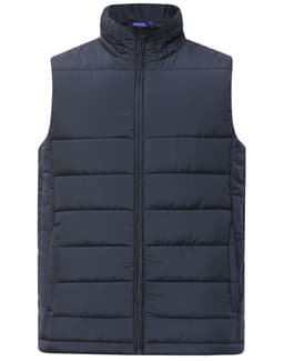 A men's sustainable insulated puffer vest in navy blue with a 3D cut design and a front zip closure.