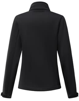 A black sustainable softshell corporate jacket with a high collar and long sleeves, featuring a logo on the back.