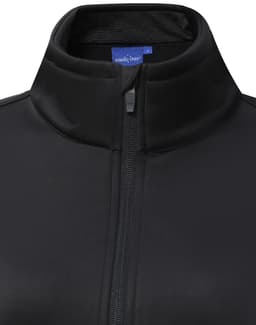 A black softshell jacket with a high collar and a zipper, featuring a logo.