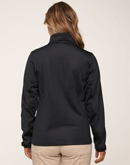 A black ladies' sustainable softshell corporate jacket displayed from the back, featuring a smooth, fitted design.
