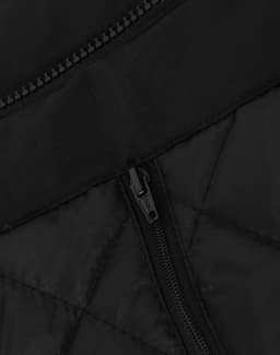 A close-up of a black unisex quilted waterproof jacket featuring a zip closure and textured fabric.