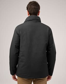 A unisex quilted waterproof jacket in black, featuring a high collar and a simple design, with a branding logo on the back.