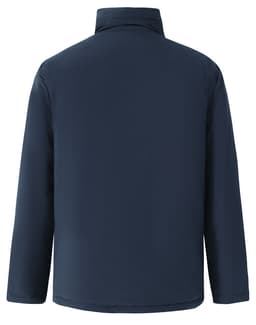 A unisex quilted waterproof jacket in navy blue, featuring a collar and a simple design, with a logo on the back.