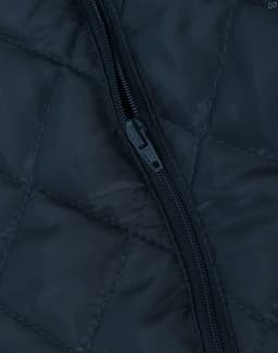 A unisex quilted waterproof jacket in navy blue, featuring a zip opening and a textured fabric design.