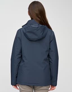 A unisex quilted waterproof jacket in navy, featuring a hood and a logo, viewed from the back.