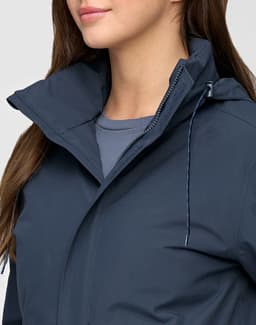 A unisex quilted waterproof jacket in navy, featuring a zippered front and a high collar. It has logo branding visible.
