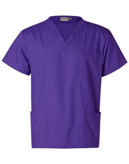 A purple unisex short sleeve scrub tunic top featuring a V-neck and a pocket. Includes branding on the label.
