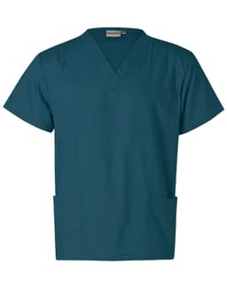 A teal unisex scrub short sleeve tunic top with a v-neck and pockets, featuring a logo on the label.