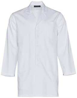 A white unisex long sleeve lab coat featuring a pocket and a logo on the collar.