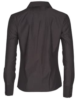 A dark grey women's button-up long sleeve shirt with a collar and buttoned cuffs, featuring a logo.