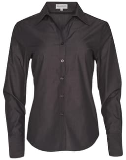 A black long sleeve button-up shirt for women, featuring a collar and a logo on the label.