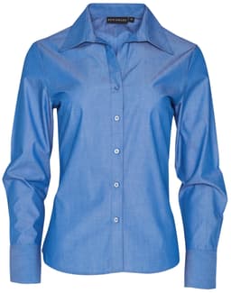 A blue long sleeve button-up shirt featuring a collar and a logo at the neckline.
