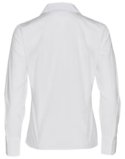 A white women's long sleeve button-up shirt featuring a classic collar and a logo on the back.