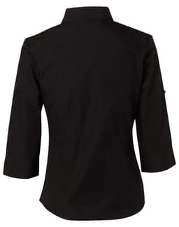 A black women's button-up shirt with 3/4 sleeves and a collar, featuring a logo on the back.