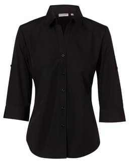 A black women's button-up shirt with 3/4 sleeves and a logo at the collar.