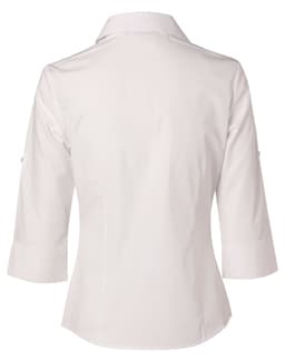 A white women's button-up shirt featuring 3/4 sleeves and a back view with a logo.