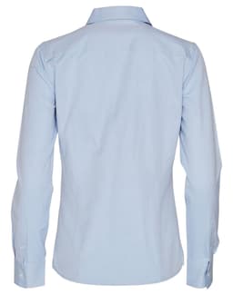 A long-sleeved, button-up shirt in light blue, featuring a simple design and a back view. Includes a logo.