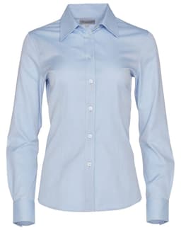 A light blue women's long-sleeve button-up shirt with a collar and button front, featuring branding.