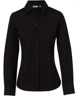 A black women's long-sleeve button-up shirt made from cotton and poly stretch fabric, featuring a sleek design and a logo.
