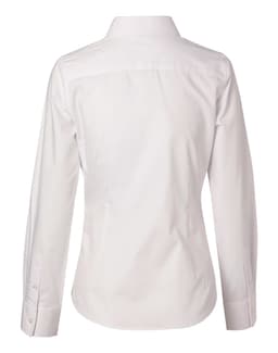 A women's white long-sleeve cotton/poly stretch button-up shirt, featuring a back view and a logo on the label.