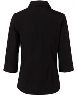 A black women's cotton/poly stretch shirt with 3/4 sleeves and a collar, featuring a smooth back design.
