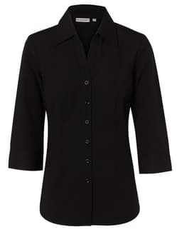A black women's cotton/poly stretch 3/4 sleeve button-up shirt featuring a classic collar and a logo.