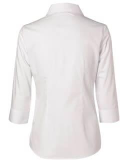 A white women's cotton/poly stretch 3/4 sleeve button-up shirt with a collar and a logo on the back.