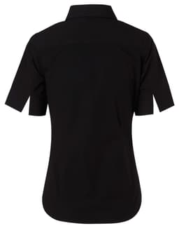A black women's short-sleeved button-up shirt with a standard collar and a logo.