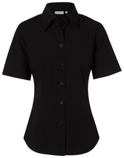 A black women's short-sleeve button-up shirt with a fitted design and a collar. It features a branded tag.