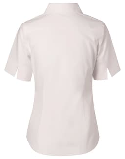 A light-coloured women's short-sleeve button-up cotton/poly stretch shirt with a simple back design.