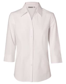 A white women's fine twill 3/4 sleeve button-up shirt featuring a classic collar and a logo on the left.