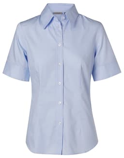 Light blue short-sleeved button-up shirt with a collar, featuring a logo on the chest.