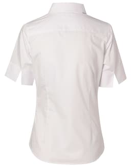 A white women's fine twill short-sleeve button-up shirt with a fitted design, featuring a collar and a back view.