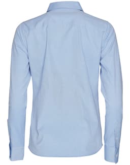 A light blue women's long-sleeve button-up shirt featuring a back yoke and cuffs. Includes a logo.