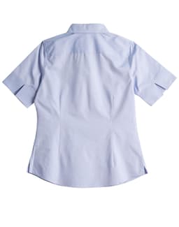 A light blue women's button-up shirt with short sleeves and a back yoke, featuring a logo.